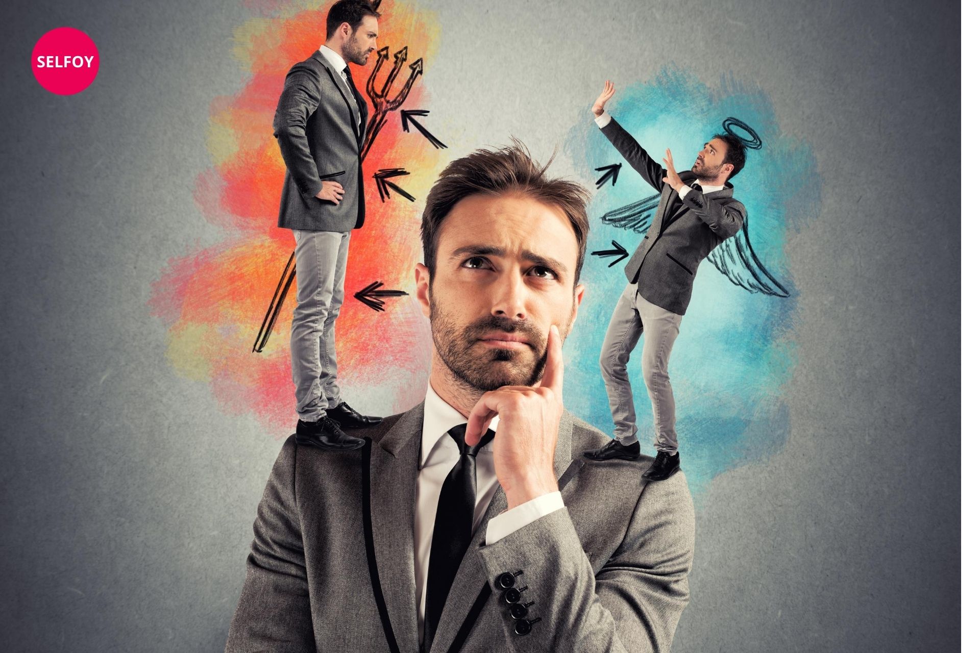 man in a black suit thinking about 